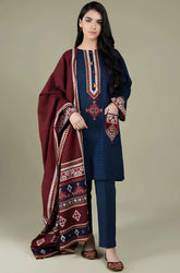 KP522-WINTER 3PC Linen Embroidered suit with Embroidered Shawll