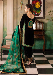 KP56-Velvet Winter Embroidered 3 Piece Dress With Organza embroidered Dopata