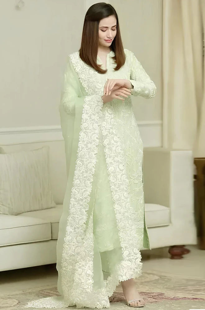 KP210-Pista- 3PC Lawn Heavy Embroidered Shirt With Organza Embroidered Dupatta