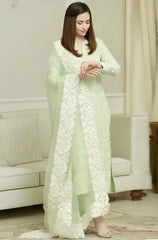 KP210-Pista- 3PC Lawn Heavy Embroidered Shirt With Organza Embroidered Dupatta