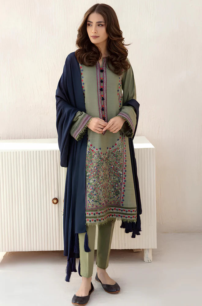 KP550-3pc Winter Embroidered khaddar Shirt With Bumble Wool Shawll