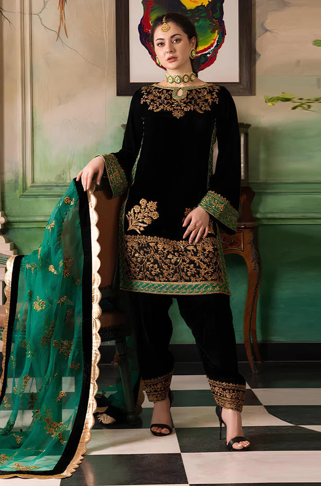 KP551-Velvet Winter Embroidered 3 Piece Dress With Organza embroidered Dopata