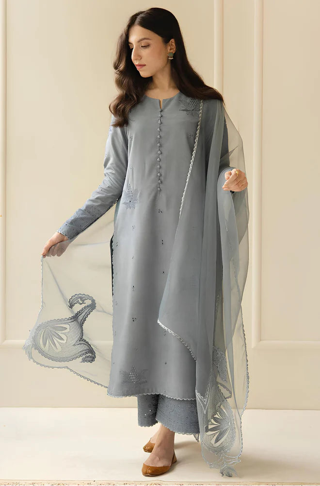 KP730-SUMMER 3PC Lawn Embroidered Shirt With Organza Embroidered Dupatta