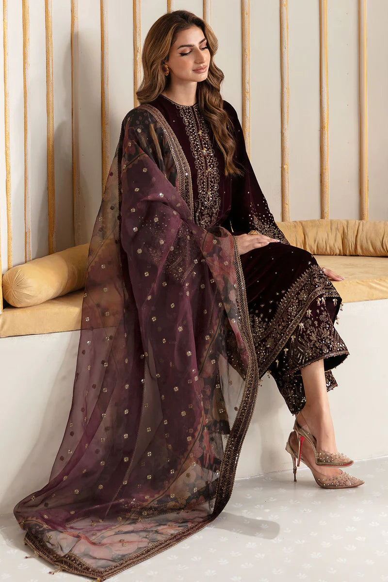 KP902-Winter Velvet Unstitched 3PCs Embroidered Dress With Organza Dupatta