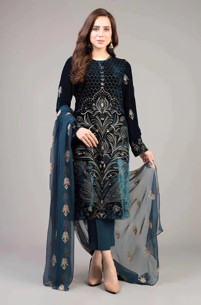 KP213-Bareeze 3PC Lawn Front Full Embroidered Back Bazo Embroidered Bember Dupatta