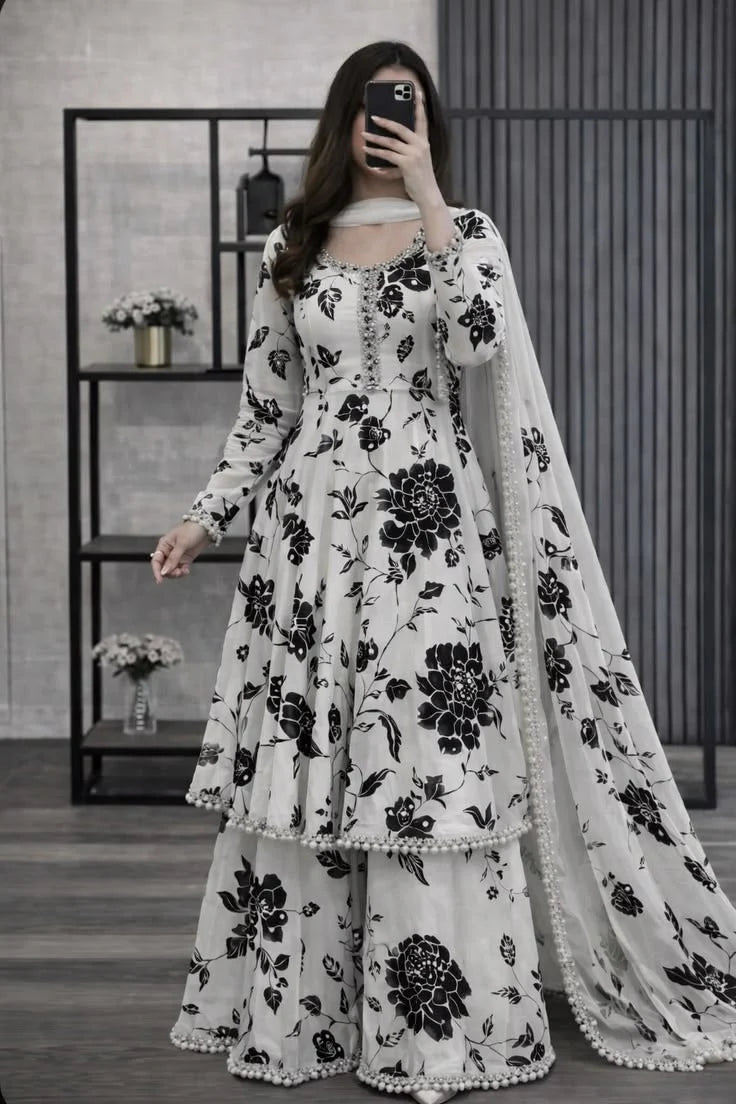 Zainabzara - 3 piece kataan silk frock style Printed suit -KP1220