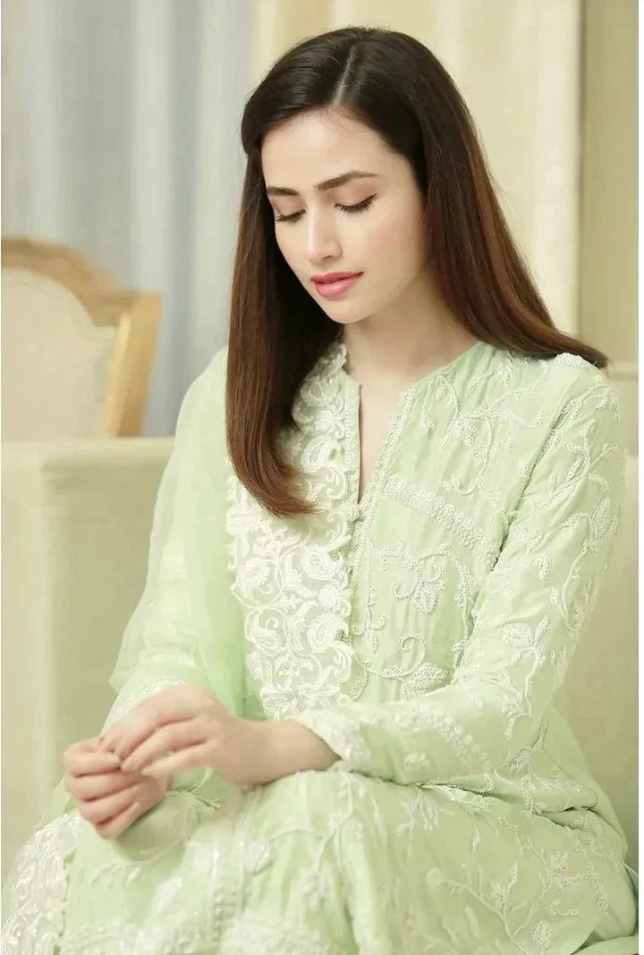KP210-Pista- 3PC Lawn Heavy Embroidered Shirt With Organza Embroidered Dupatta