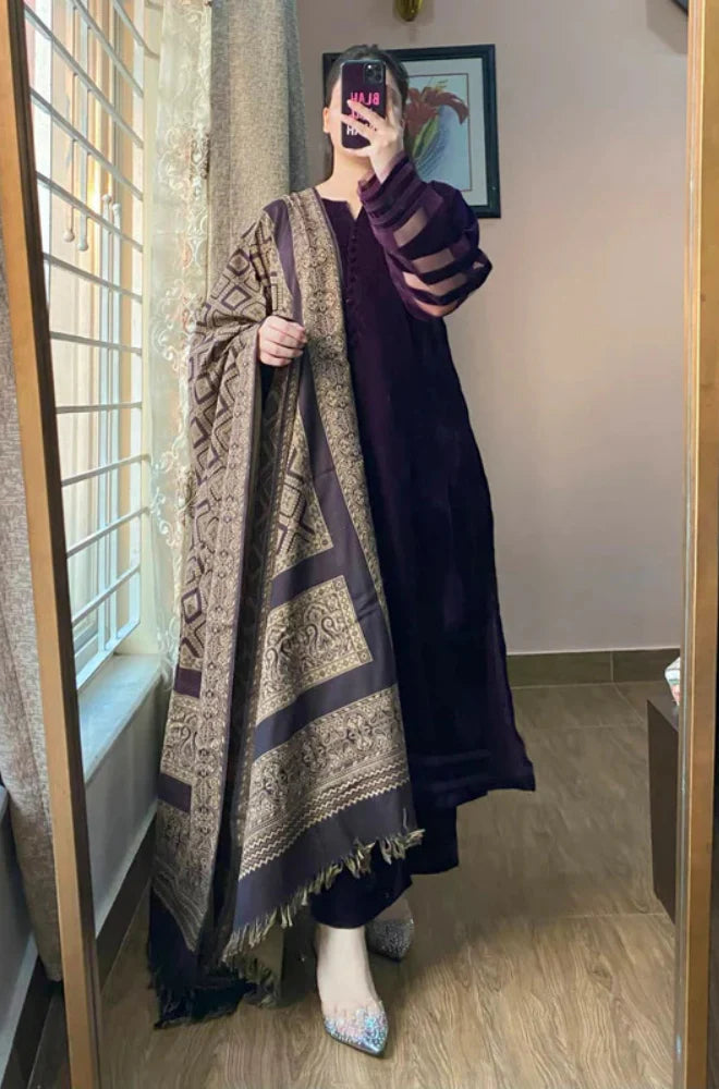 Velvet Dress with Printed Dhanak Shawl kp33117