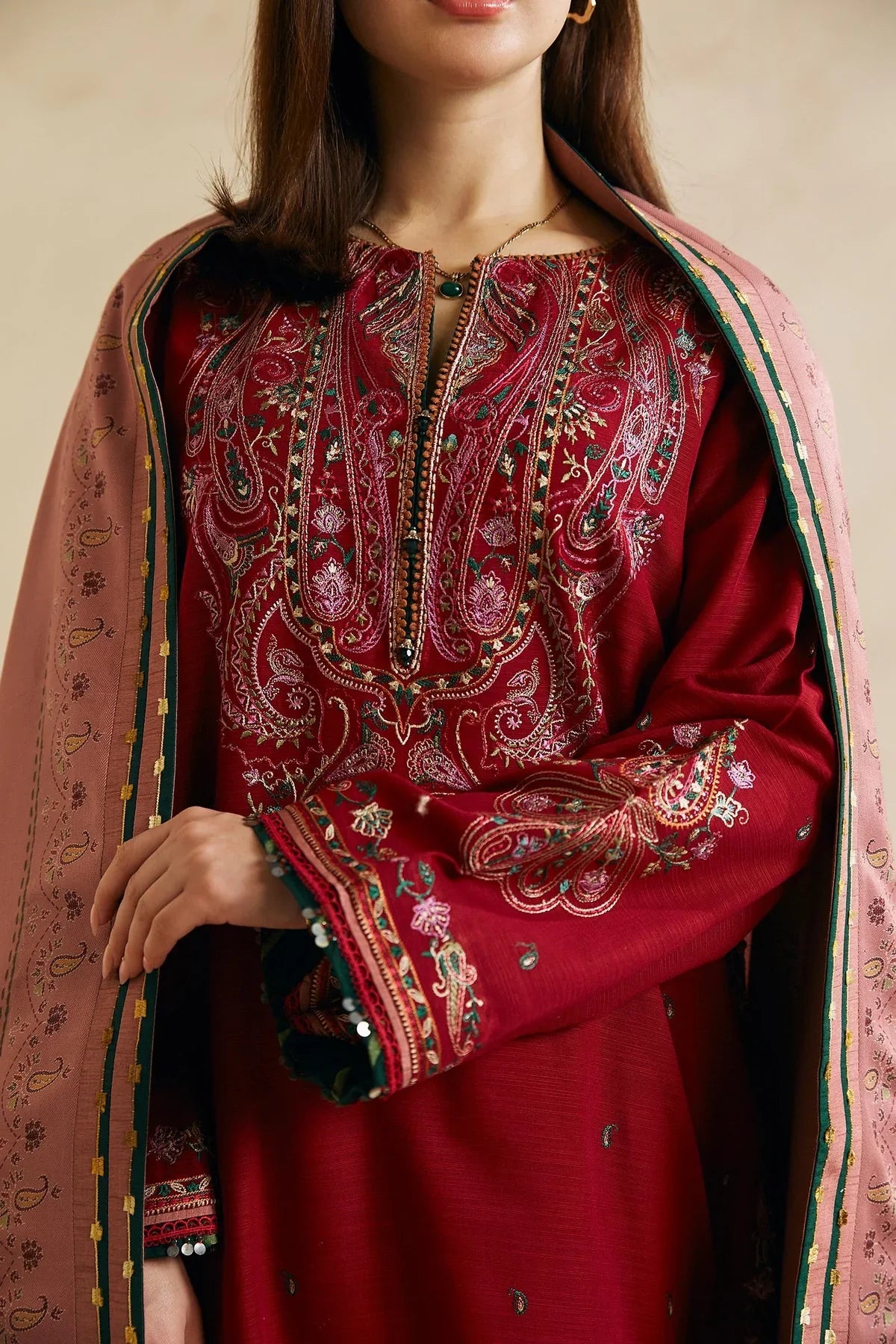 Kp602-WINTER 3-Pc Embroidered Dhanak Suit with Heavy Embroidered Dhanak Shawll