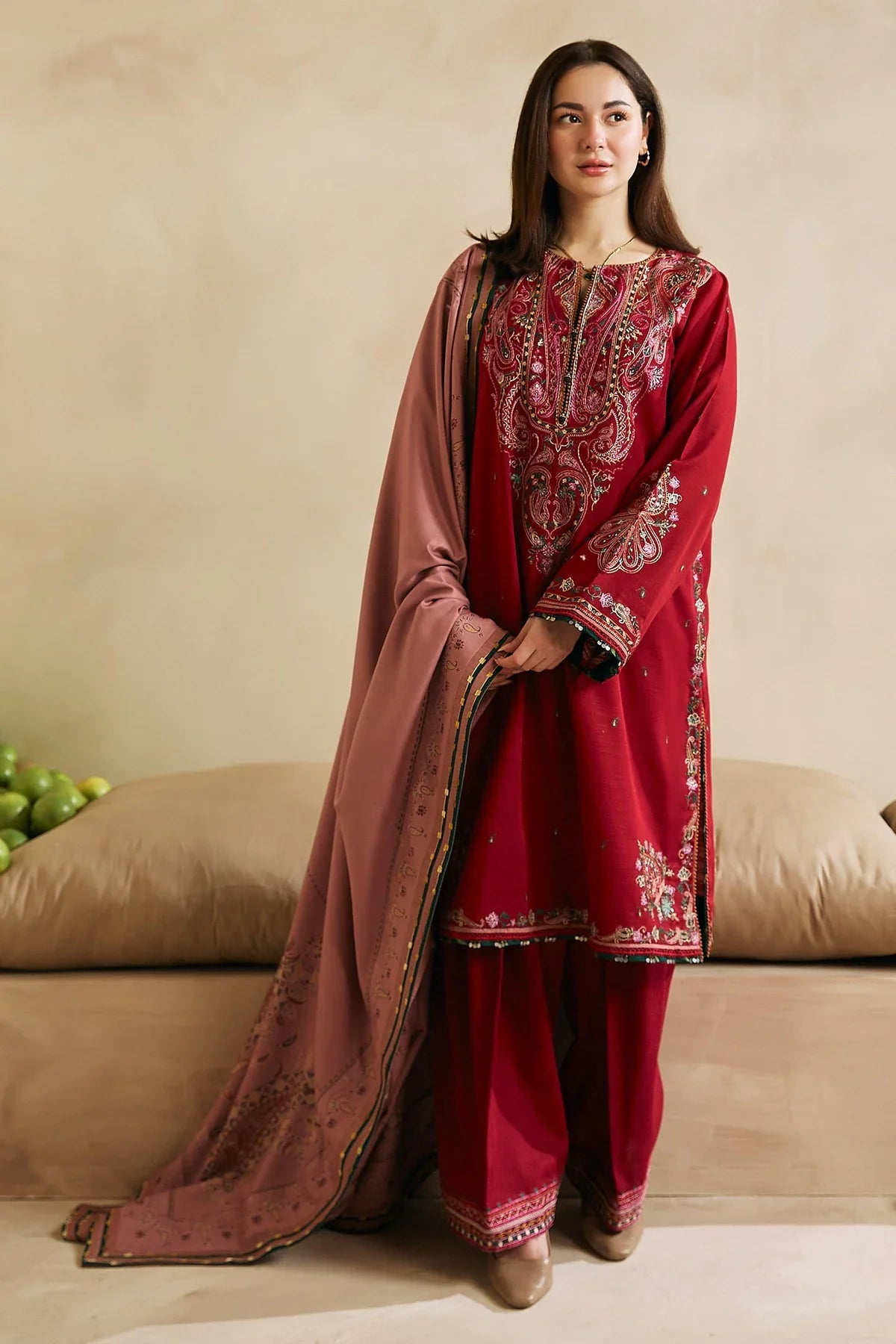 Kp602-WINTER 3-Pc Embroidered Dhanak Suit with Heavy Embroidered Dhanak Shawll